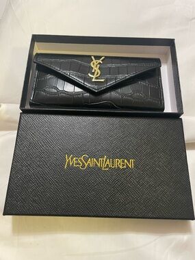 Yves Saint Laurent Black Croc-Embossed Envelope Wallet with Gold YSL Emblem